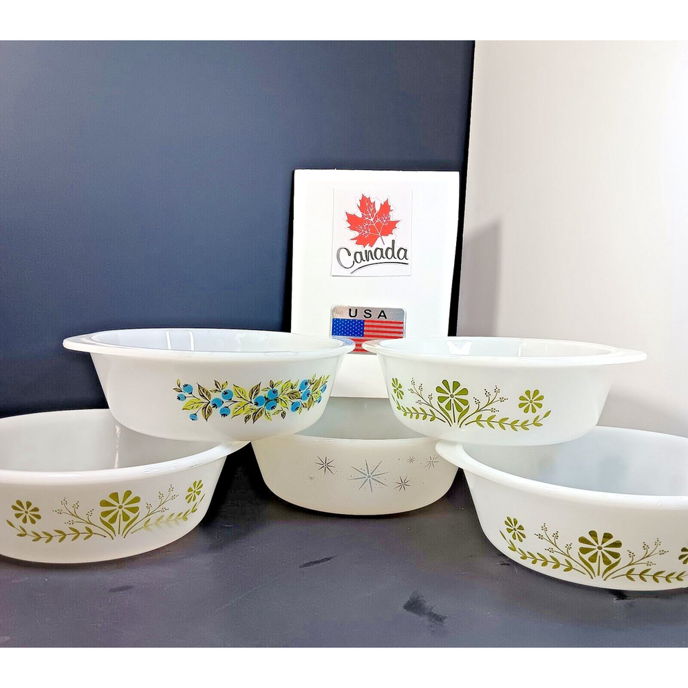 Lot of 5 Glasbake Casserole Dishes J514, J2500, Other: Starburst Blueberry Daisy